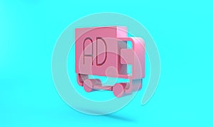 Pink Advertising on truck icon isolated on turquoise blue background. Concept of marketing and promotion process