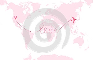 A pink airplane flying over a pink world map. Dashed route line in the form of word \