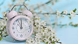 Pink alarm clock and delicate little white flowers on blue background. Top view. Time for love and greetings. Spring