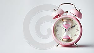 Pink alarm clock, the dial of which consists of sand flowers on a light background. creative photography