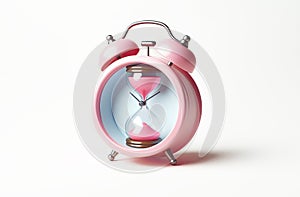 Pink alarm clock, the dial of which consists of sand flowers on a light background. creative photography