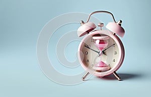 Pink alarm clock, the dial of which consists of sand flowers on a light blue background. creative photography