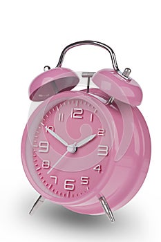 Pink alarm clock with the hands at 10 and 2 am or pm isolated on a white background