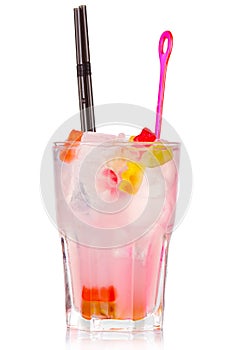 Pink alcohol cocktail with gummy bear candies isolated on white