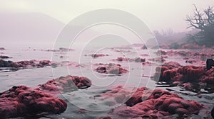 Pink Algae Covered River: A Coastal Scenery In The Style Of Beeple