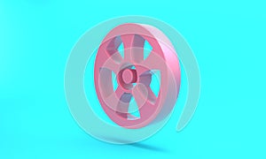 Pink Alloy wheel for car icon isolated on turquoise blue background. Minimalism concept. 3D render illustration