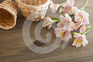 Pink Alstromeria Flowers floral Straw Baskets on Wooden Background Rustic Floral Board. Copy Space.
