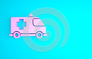 Pink Ambulance and emergency car icon isolated on blue background. Ambulance vehicle medical evacuation. Minimalism