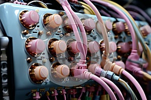 Pink analog control panel in the command center, devices for industrial and scientific research, in the style of retro