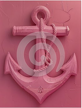 Pink Anchor with Rope on a Textured Pink Background Nautical Concept in Monochrome Style