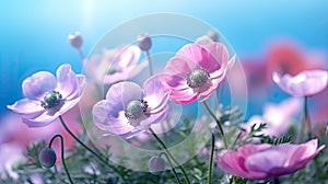 Pink anemone flowers on blue sky background with copy space
