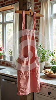 Pink apron hanging in bright rustic kitchen with plants and brick wall