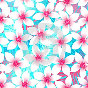 Pink and aqua Plumeria and Hibiscus floral seamless pattern