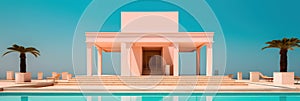 Pink architecture structure and swimming pool on sunny day. Summer minimalist background. Created with generative Ai