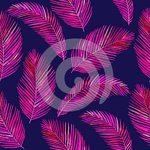 Pink areca palm dypsis lutescens leaves, hand painted watercolor illustration, seamless pattern design