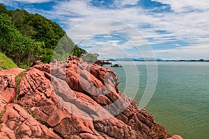 pink arkosic sandstone rock and sea in Kung Krabaen, Chanthaburi