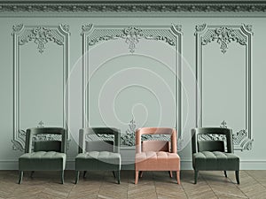 Pink armchair among green ones in classic vintage interior with copy space