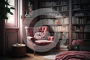 pink armchair, surrounded by bookshelves filled with novels, in cozy and intimate reading room