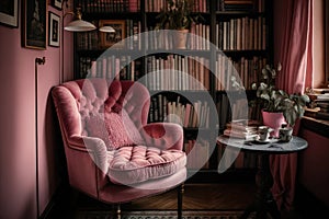 pink armchair, surrounded by bookshelves filled with novels, in cozy and intimate reading room