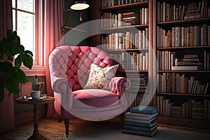 pink armchair, surrounded by bookshelves filled with novels, in cozy and intimate reading room