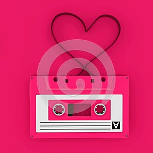 Pink Audio Cassette Tape with Tape Ribbon in Shape of Heart. 3d Rendering