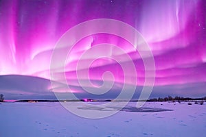 pink aurora borealis morthern lights over ice. ai generative