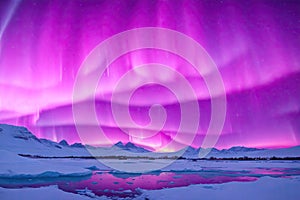 pink aurora borealis morthern lights over ice. ai generative