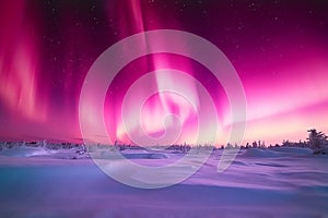 Pink aurora borealis, northern lights over ice and snow landscape
