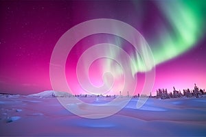 Pink aurora borealis, northern lights over ice and snow landscape