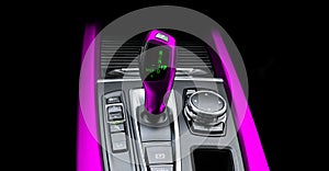 Pink Automatic gear stick of a modern car. Modern car interior details. Close up view. Car detailing. Automatic transmission lever