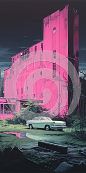 Pink Autopunk: A Hyperrealistic Painting Of An Old Factory