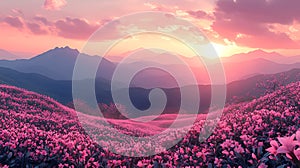 Pink azaleas bloom at sunset in mountainous landscape