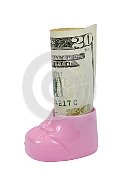 Pink Baby Bootie With a Roll of Money Inside