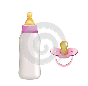 Pink baby bottle and pacifier