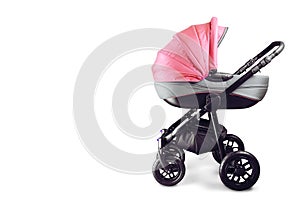 Pink baby carriage isolated on white