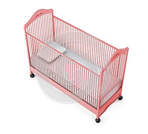 Pink baby cot isolated on white background. 3d rendering