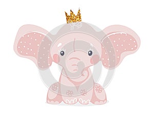 Pink baby elephant wearing a crown, nursery character, cute animal in flat cartoon style isolated on white background.