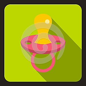 Pink baby pacifier icon, flat style