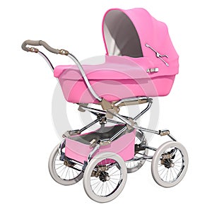 Pink baby pram or stroller, 3D rendering