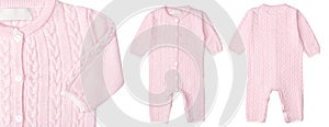 Pink baby romper mockup isolated on white background. Children romper knitted with buttons photo