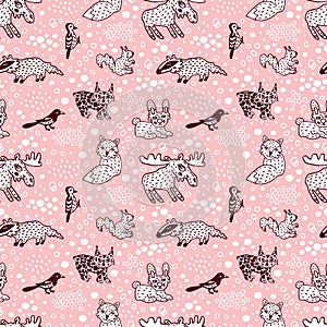 Pink baby seamless pattern. Sweet animals. Friendly beast character