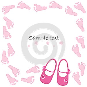 Pink baby shoes baby arrival card vector