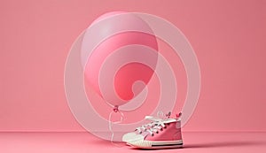 Pink baby shoes with balloon on pink background with space for tex. minimal hollyday concept, Generative Ai