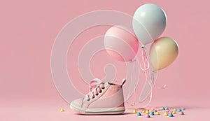 Pink baby shoes with colorful balloon on pink background with space for tex. minimal hollyday concept, Generative Ai
