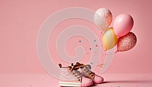 Pink baby shoes with colorful balloon on pink background with space for tex. minimal hollyday concept, Generative Ai