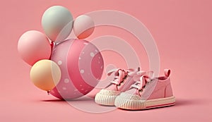 Pink baby shoes with colorful balloon on pink background with space for tex. minimal hollyday concept, Generative Ai