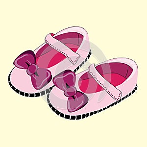 Pink baby shoes for little girl with lila ribbon. Vector illustration on yellow background
