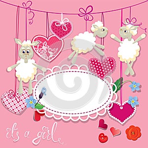 Pink baby shower card with sheep and hearts