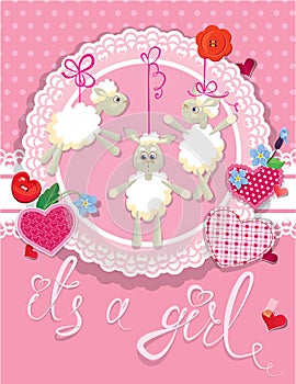 Pink baby shower card with sheep and hearts