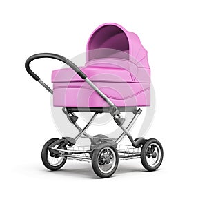 Pink baby stroller isolated on white background. 3d rendering